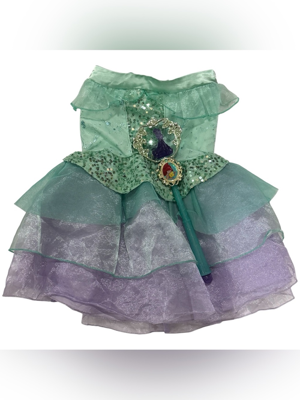 Disney Ariel Little Mermaid Costume Girls 4 Green Purple Dress Wand Bundle